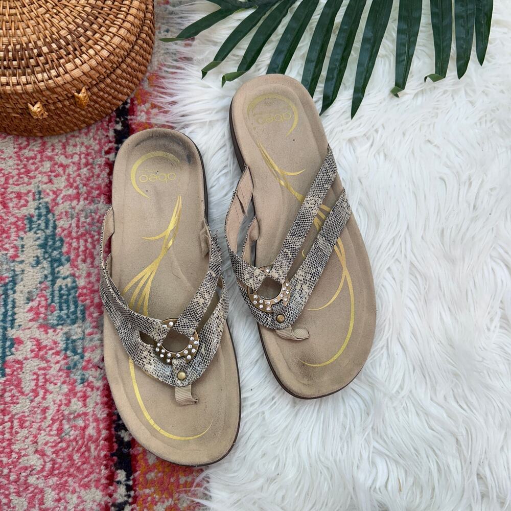 ABEO Brenda Flip Flop Sandal 9 Slip On Snake Skin Print O-Ring Beige Tan